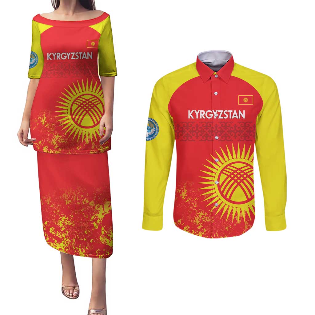 Custom Kyrgyzstan Football Couples Matching Puletasi and Long Sleeve Button Shirt Go White Falcons Sporty Style - Wonder Print Shop