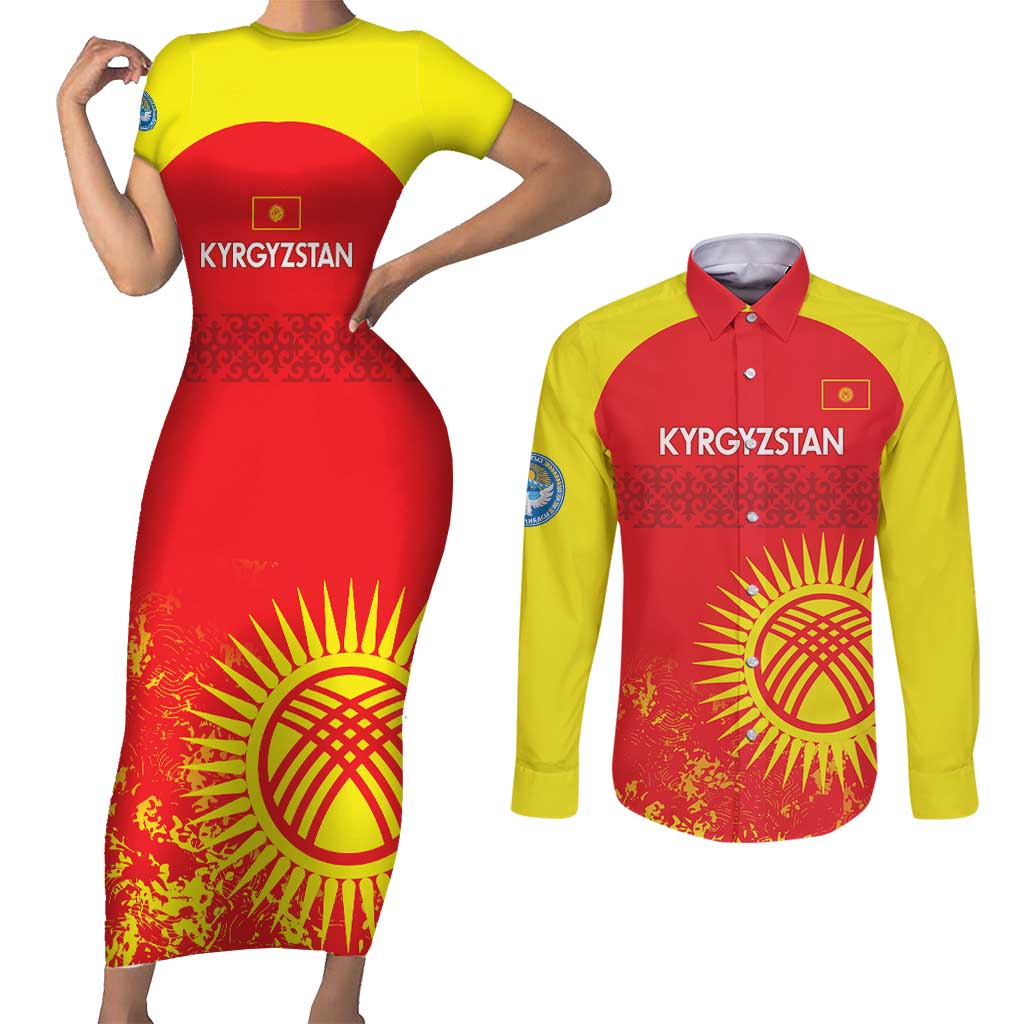 Custom Kyrgyzstan Football Couples Matching Short Sleeve Bodycon Dress and Long Sleeve Button Shirt Go White Falcons Sporty Style - Wonder Print Shop