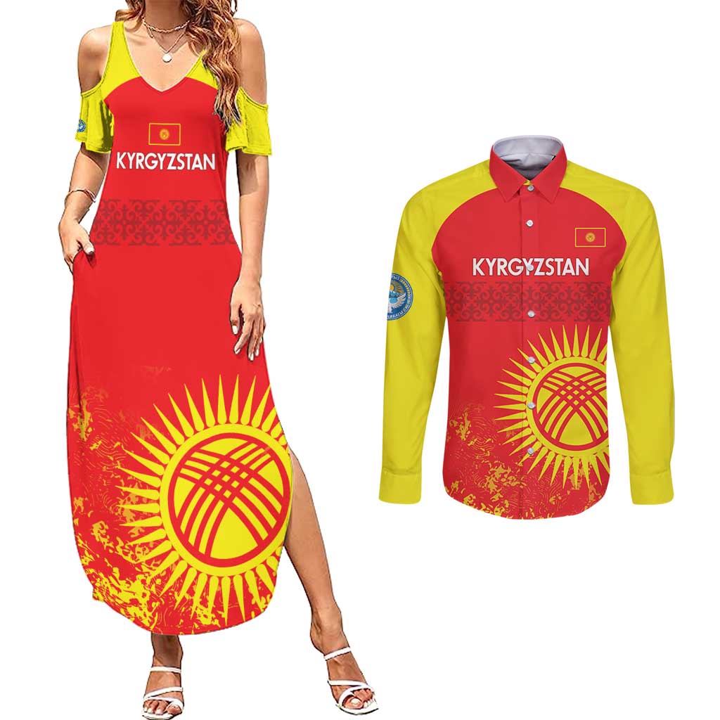 Custom Kyrgyzstan Football Couples Matching Summer Maxi Dress and Long Sleeve Button Shirt Go White Falcons Sporty Style - Wonder Print Shop