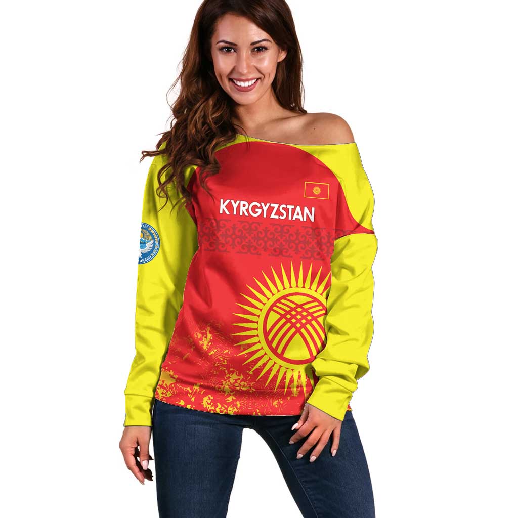 Custom Kyrgyzstan Football Off Shoulder Sweater Go White Falcons Sporty Style - Wonder Print Shop