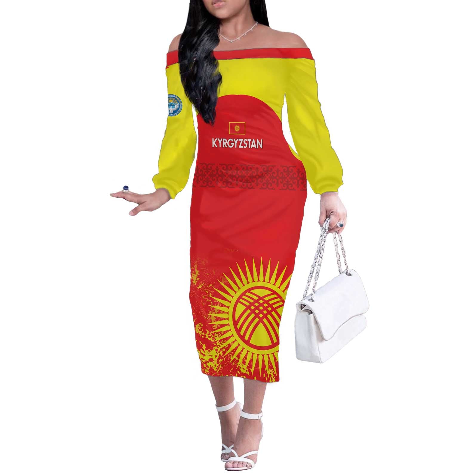 Custom Kyrgyzstan Football Off The Shoulder Long Sleeve Dress Go White Falcons Sporty Style - Wonder Print Shop