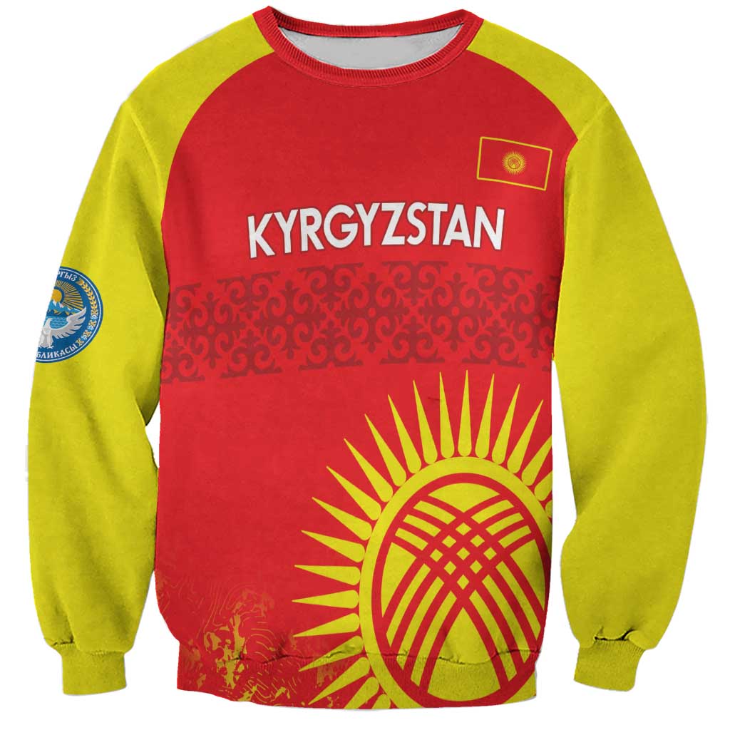 Unisex football sweatshirt, red front with yellow sleeves and Kyrgyzstan graphic