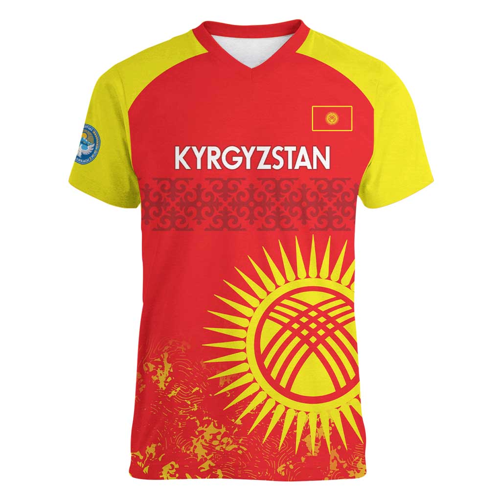 Custom Kyrgyzstan Football Women V-Neck T-Shirt Go White Falcons Sporty Style