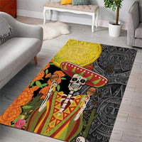 Rectangular area rug with sugar skull sombrero, yellow panel and black Aztec motifs