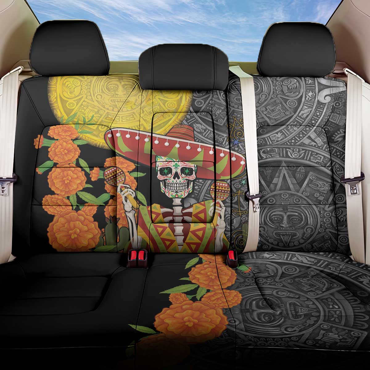 Mexico Dia De Los Muertos Back Car Seat Cover Sugar Skull Sombrero Aztec Pattern - Wonder Print Shop