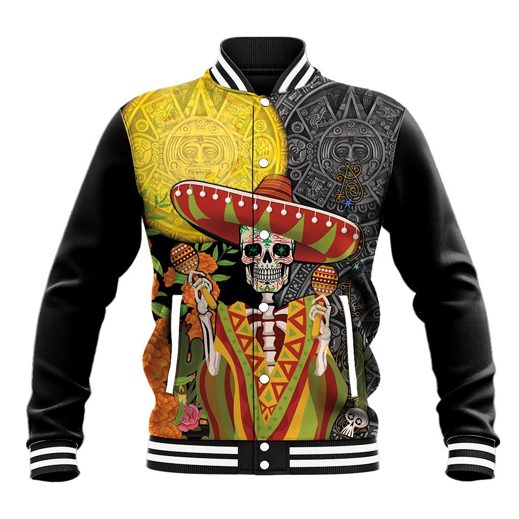 Mexico Dia De Los Muertos Baseball Jacket Sugar Skull Sombrero Aztec Pattern - Wonder Print Shop