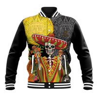 Black baseball jacket with colorful sugar skull, aztec patterns, striped collar and cuffs