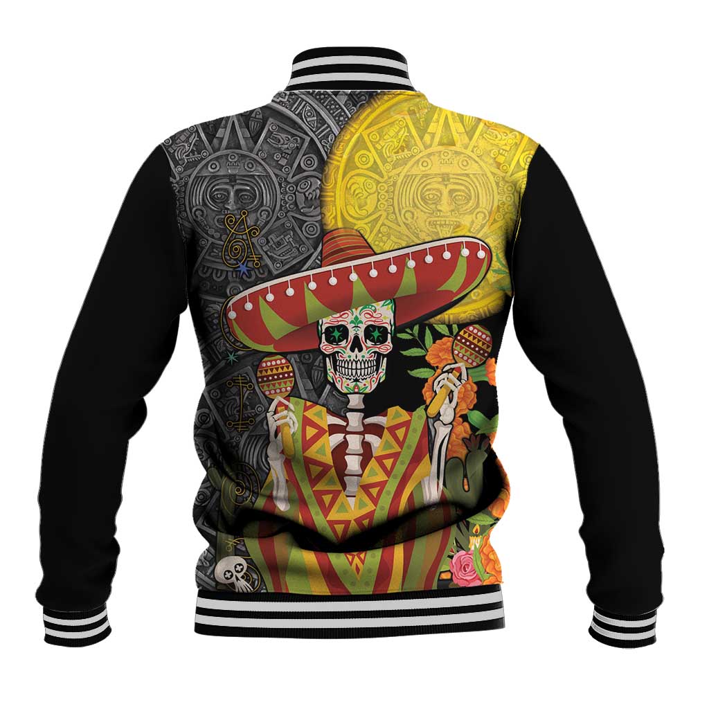 Black baseball jacket with colorful back sugar skull amid aztec patterns, striped hem cuffs