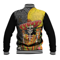 Black baseball jacket with colorful back sugar skull amid aztec patterns, striped hem cuffs