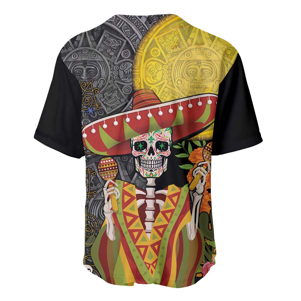 Black baseball jersey with back sugar skull graphic and aztec sombrero pattern