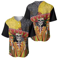 Black baseball jersey with front and back views of sugar skull sombrero artwork