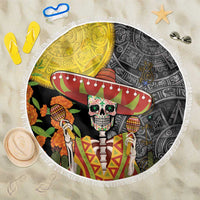 Round beach blanket with tassel fringe, sugar skull sombrero Aztec print