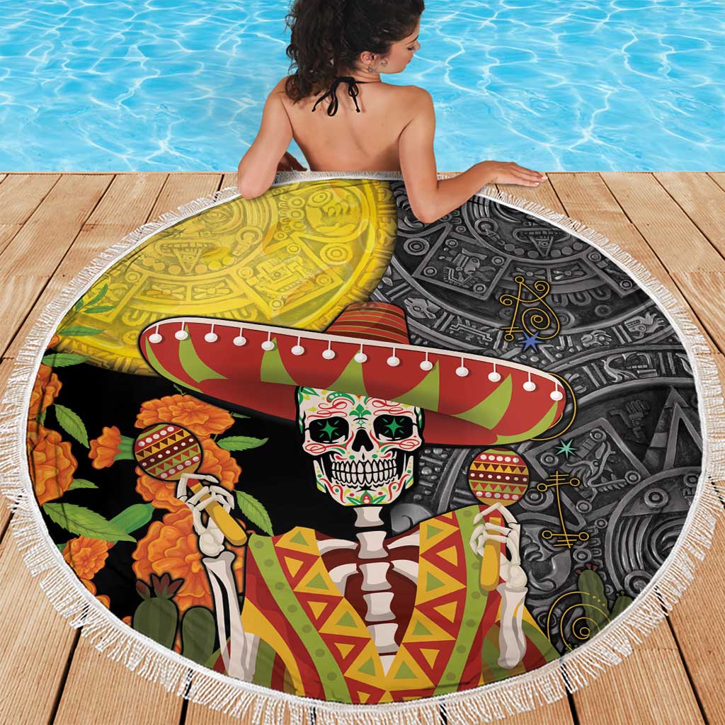 Round beach blanket with tassel fringe, sugar skull sombrero Aztec design