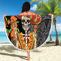 Round beach blanket with tassel fringe, sugar skull sombrero Aztec graphic