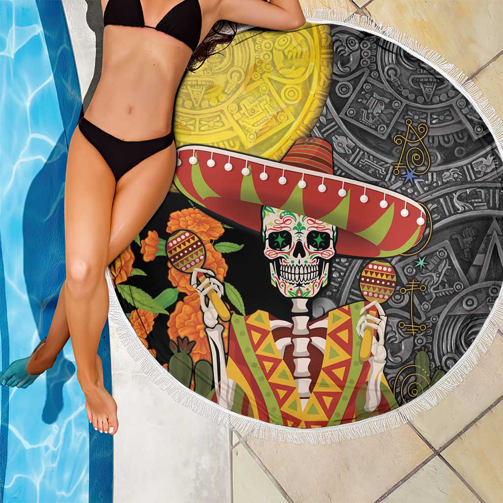 Round beach blanket with tassel fringe, yellow and black sugar skull sombrero print