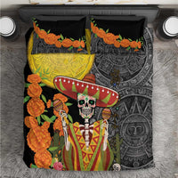Black bedding set with skull sombrero, marigold flowers and Aztec face motifs
