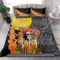 Black Dia de los Muertos bedding set with skull sombrero, Aztec pattern, orange flowers