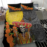 Black duvet and pillow set with skull sombrero graphic and Aztec geometric pattern