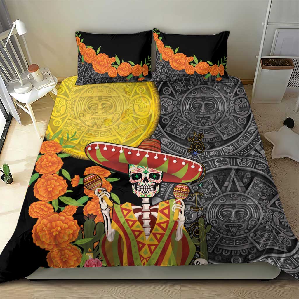 Black duvet set with skull sombrero, yellow panel, orange flowers, Aztec design