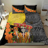 Black duvet set with skull sombrero, yellow panel, orange flowers, Aztec design