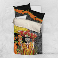 Black bedding set with skull sombrero, orange marigold flowers, Aztec pattern