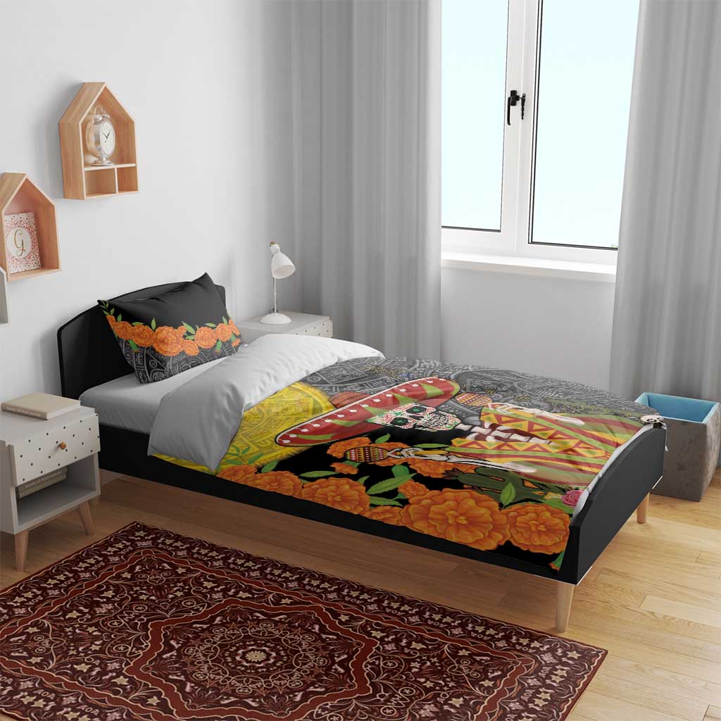 Dia de los Muertos bedding set on bed, black with skull sombrero Aztec pattern