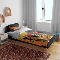 Dia de los Muertos bedding set on bed, black with skull sombrero Aztec pattern