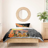 Black bedding set with skull sombrero, orange marigold accents, Aztec motifs