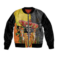 Unisex black bomber jacket with colorful skull and sombrero artwork, striped collar cuffs