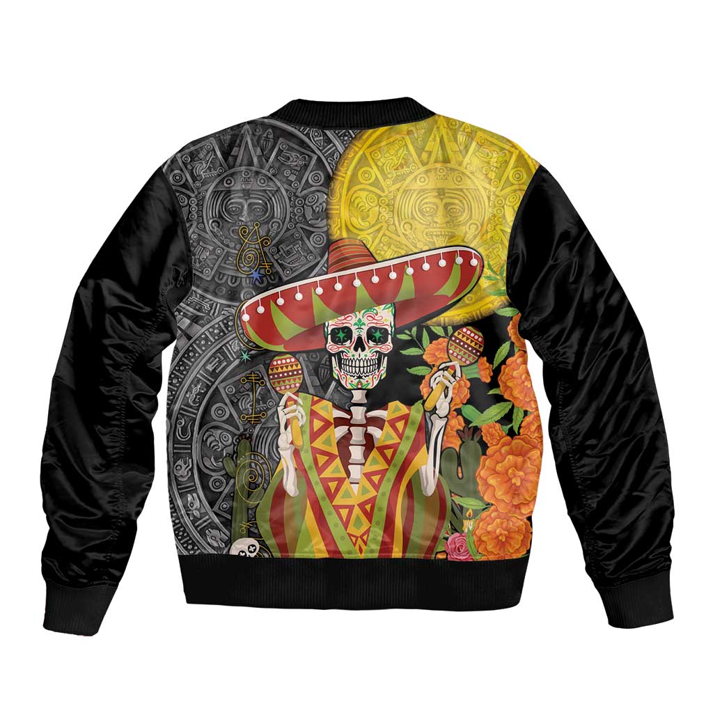Unisex black bomber jacket back with skull in sombrero and floral aztec patterns, ribbed hem