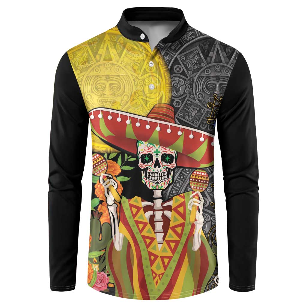 Black button sweatshirt with colorful Aztec skull sombrero graphic panel