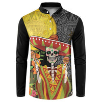 Black button sweatshirt with colorful Aztec skull sombrero graphic panel