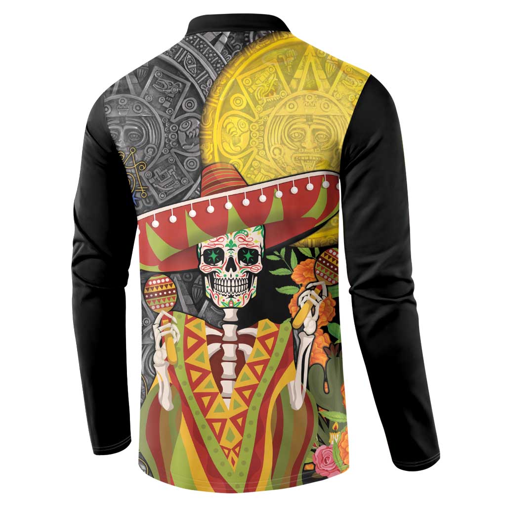Black button sweatshirt with back panel featuring sombrero skull and Aztec pattern