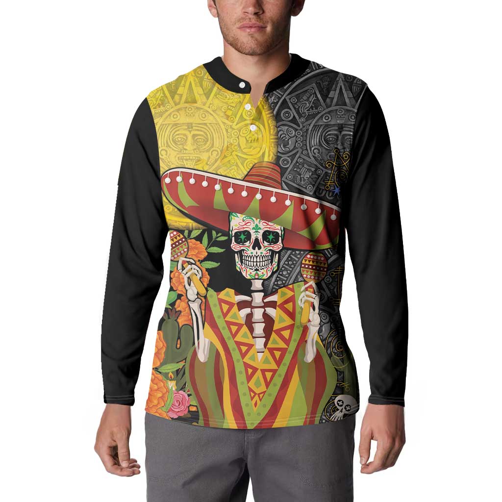 Black button sweatshirt worn front view, colorful skull sombrero Aztec design