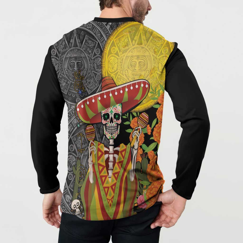 Black button sweatshirt worn back view, sombrero skull Aztec graphic panel