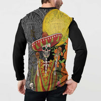 Black button sweatshirt worn back view, sombrero skull Aztec graphic panel