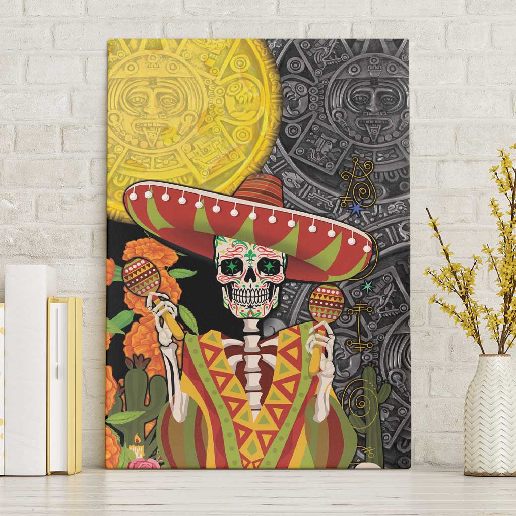 Mexico Dia De Los Muertos Canvas Wall Art Sugar Skull Sombrero Aztec Pattern - Wonder Print Shop