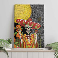 Black canvas wall art featuring Day of the Dead skull in colorful sombrero and Aztec motifs
