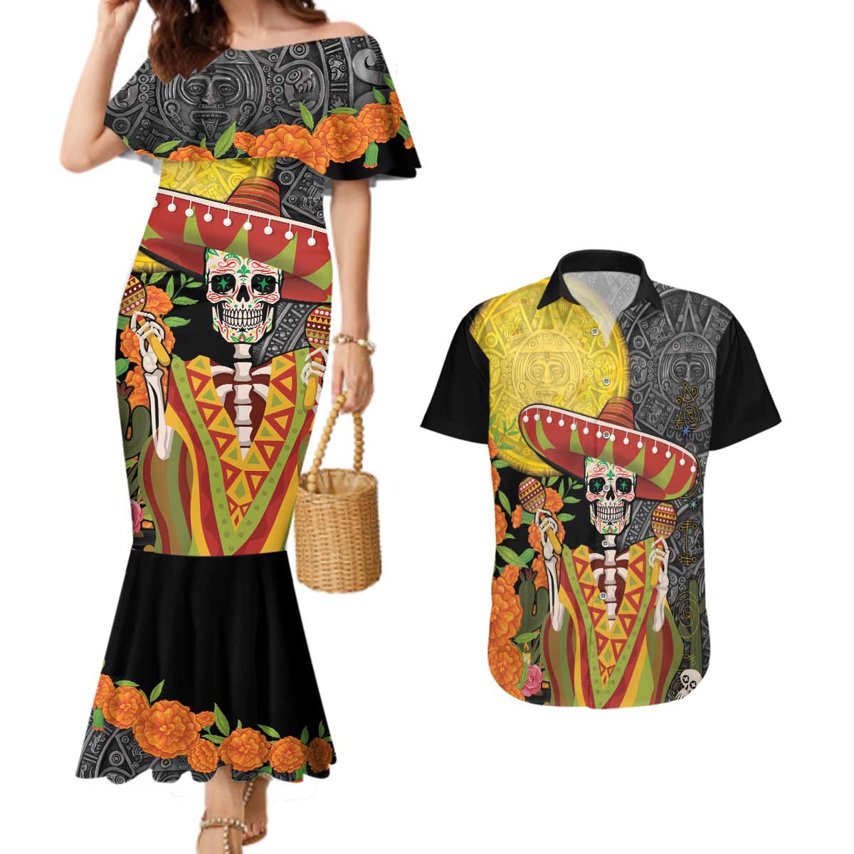 Mexico Dia De Los Muertos Couples Matching Mermaid Dress and Hawaiian Shirt Sugar Skull Sombrero Aztec Pattern - Wonder Print Shop