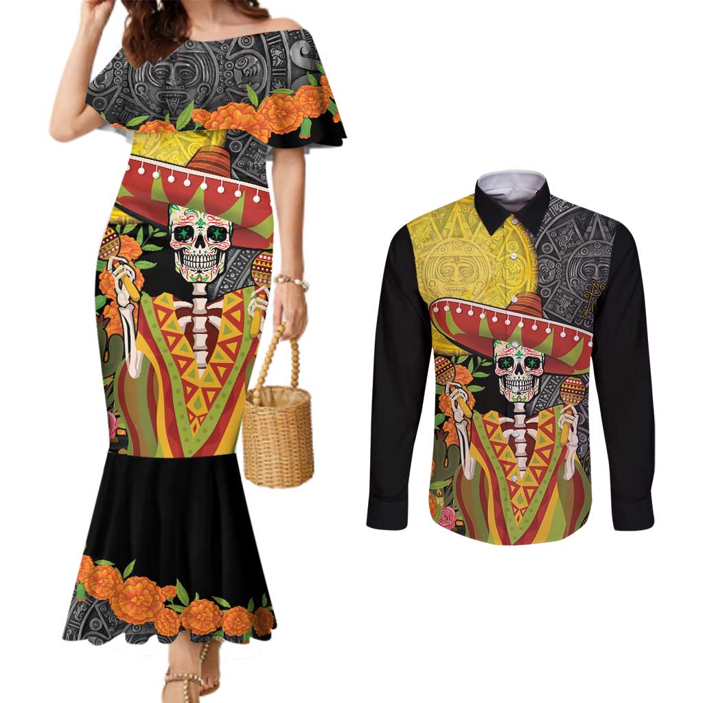 Mexico Dia De Los Muertos Couples Matching Mermaid Dress and Long Sleeve Button Shirt Sugar Skull Sombrero Aztec Pattern