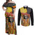 Mexico Dia De Los Muertos Couples Matching Off Shoulder Maxi Dress and Long Sleeve Button Shirt Sugar Skull Sombrero Aztec Pattern