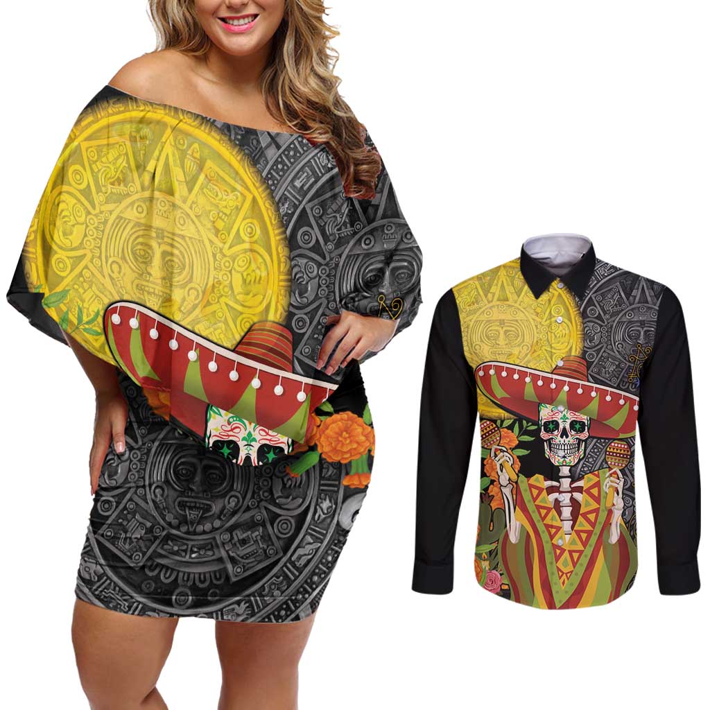 Mexico Dia De Los Muertos Couples Matching Off Shoulder Short Dress and Long Sleeve Button Shirt Sugar Skull Sombrero Aztec Pattern