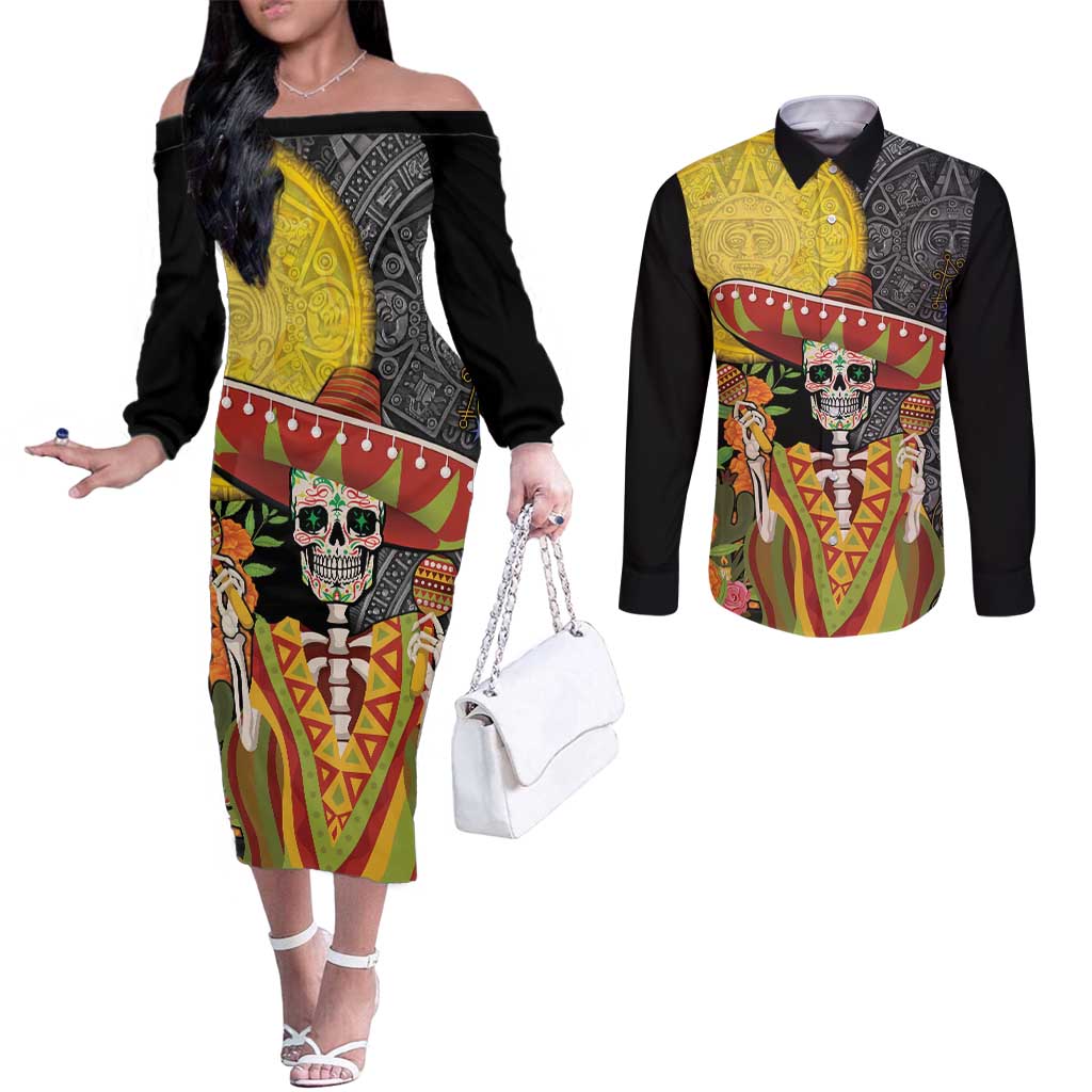 Mexico Dia De Los Muertos Couples Matching Off The Shoulder Long Sleeve Dress and Long Sleeve Button Shirt Sugar Skull Sombrero Aztec Pattern