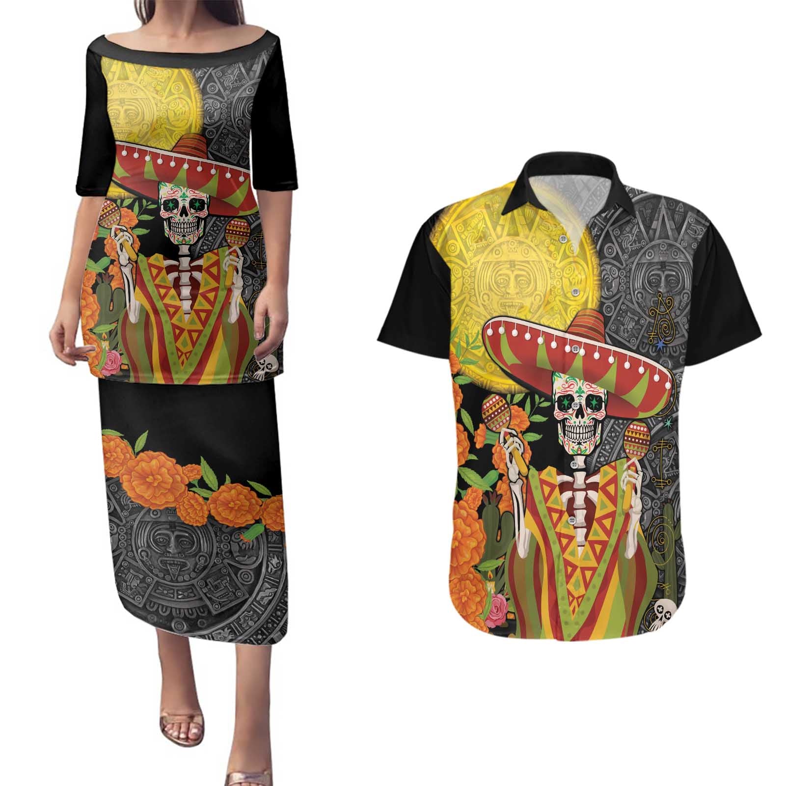 Mexico Dia De Los Muertos Couples Matching Puletasi and Hawaiian Shirt Sugar Skull Sombrero Aztec Pattern - Wonder Print Shop