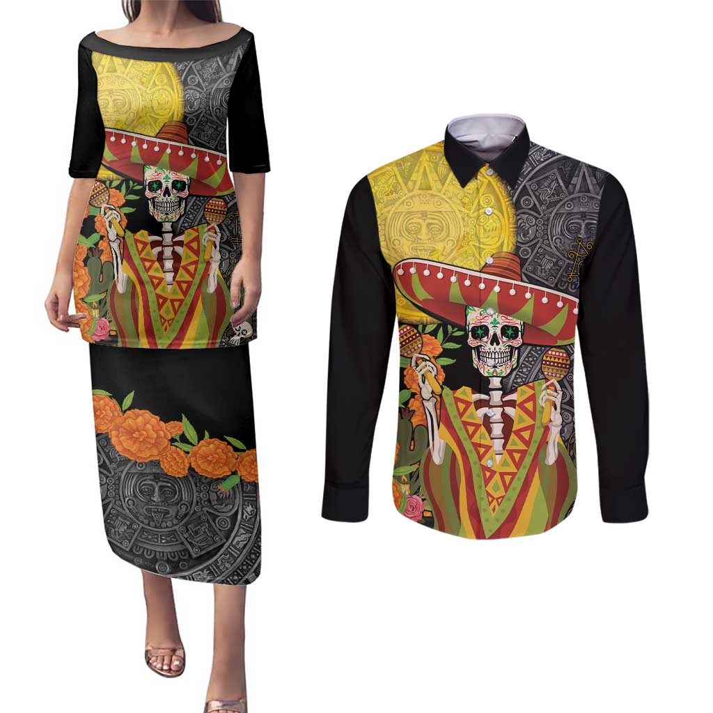 Mexico Dia De Los Muertos Couples Matching Puletasi and Long Sleeve Button Shirt Sugar Skull Sombrero Aztec Pattern