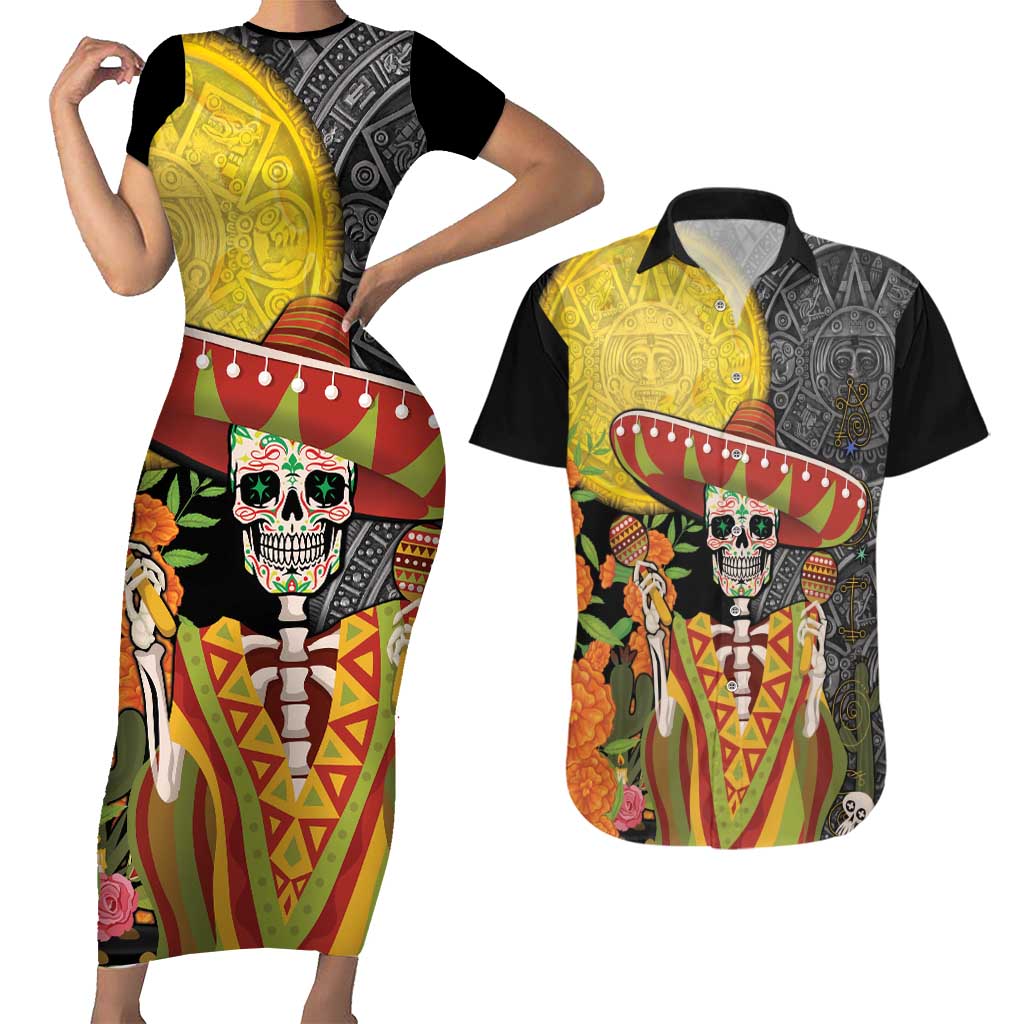 Mexico Dia De Los Muertos Couples Matching Short Sleeve Bodycon Dress and Hawaiian Shirt Sugar Skull Sombrero Aztec Pattern - Wonder Print Shop