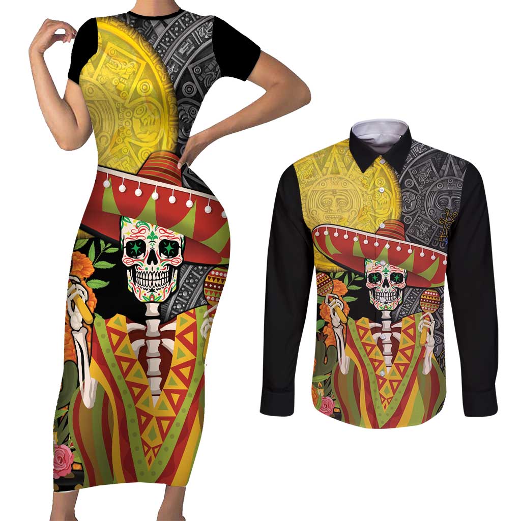 Mexico Dia De Los Muertos Couples Matching Short Sleeve Bodycon Dress and Long Sleeve Button Shirt Sugar Skull Sombrero Aztec Pattern