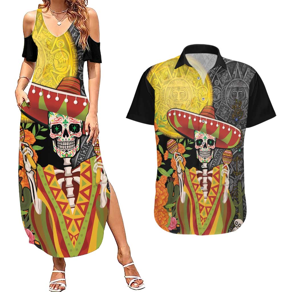 Mexico Dia De Los Muertos Couples Matching Summer Maxi Dress and Hawaiian Shirt Sugar Skull Sombrero Aztec Pattern - Wonder Print Shop