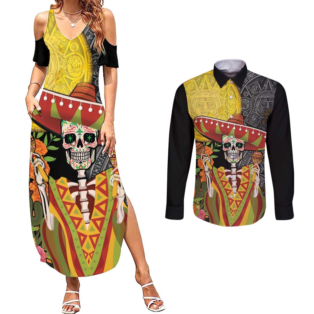 Mexico Dia De Los Muertos Couples Matching Summer Maxi Dress and Long Sleeve Button Shirt Sugar Skull Sombrero Aztec Pattern