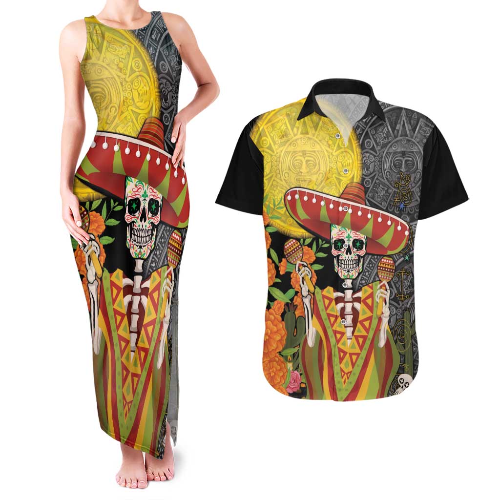 Mexico Dia De Los Muertos Couples Matching Tank Maxi Dress and Hawaiian Shirt Sugar Skull Sombrero Aztec Pattern